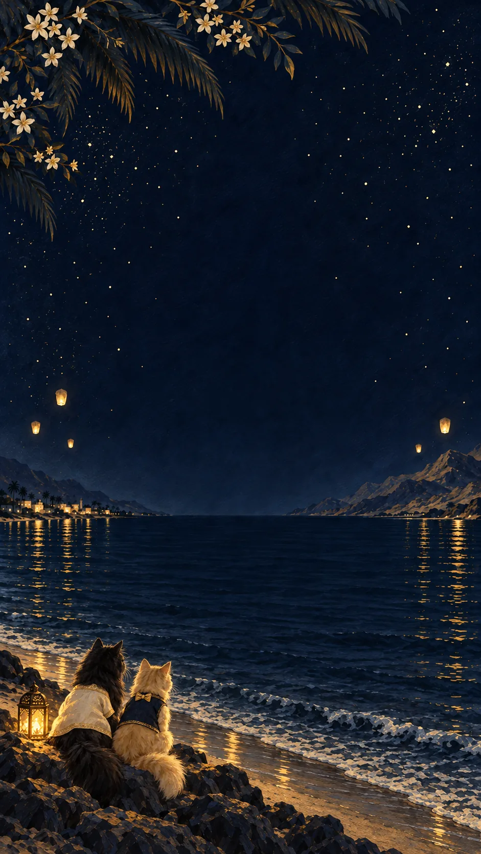 The same coastline in deep night, few lanterns, stars and a calm sea