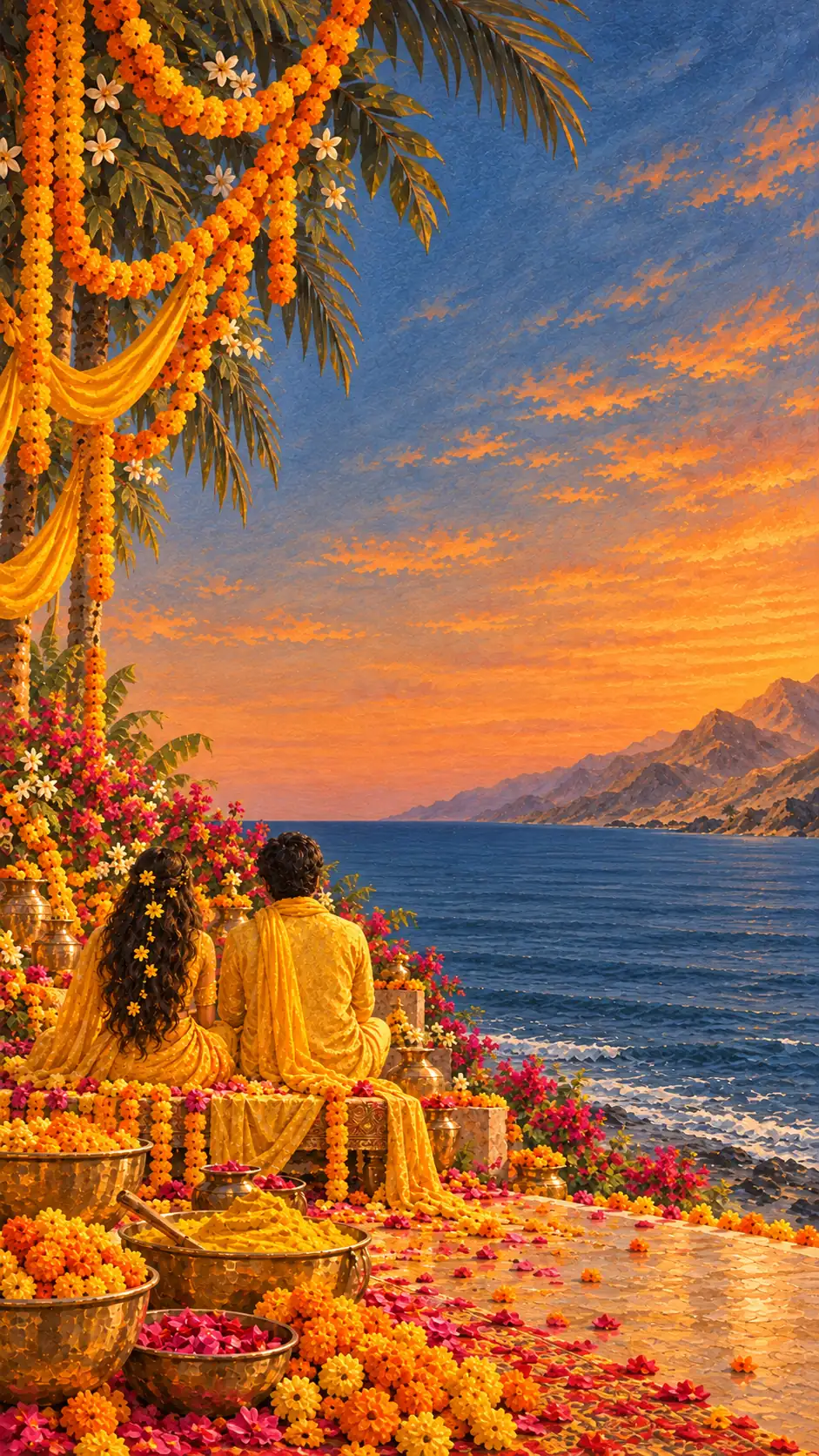 The same coastline in the late afternoon, marigold garlands strung between the palms