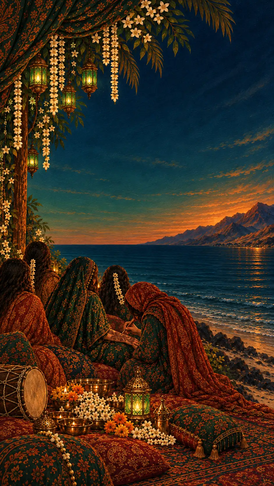 The same coastline at dusk, the sun just under the mountains, a green-teal sky