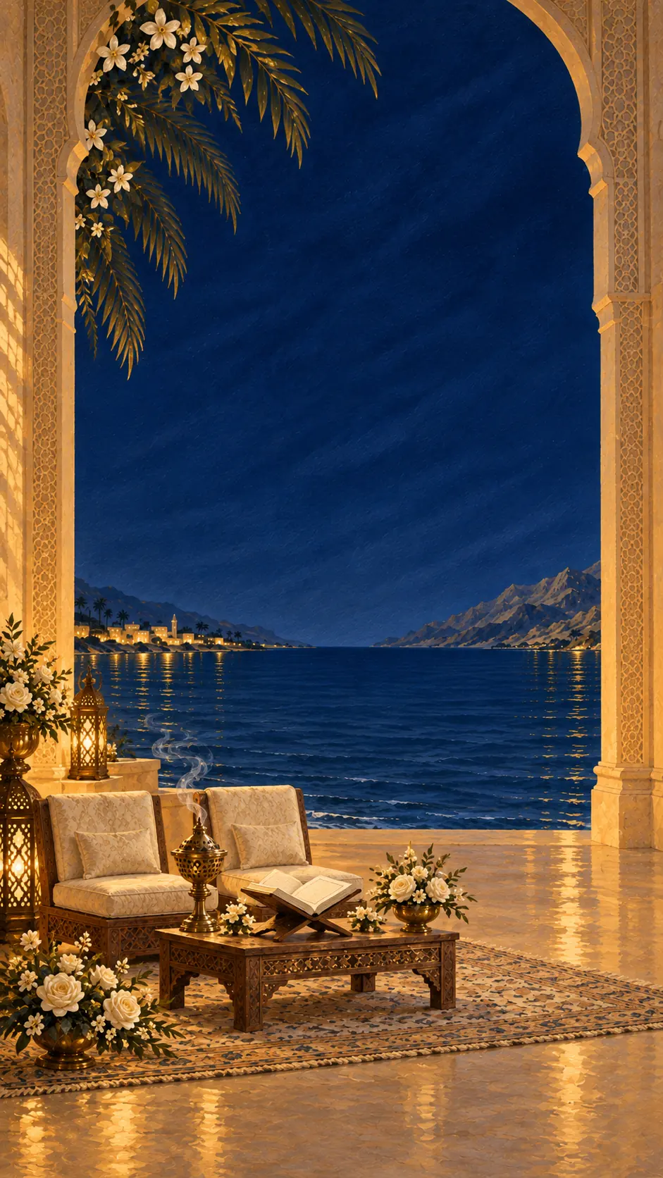 The same coastline at blue hour, warm lamplight from the arches