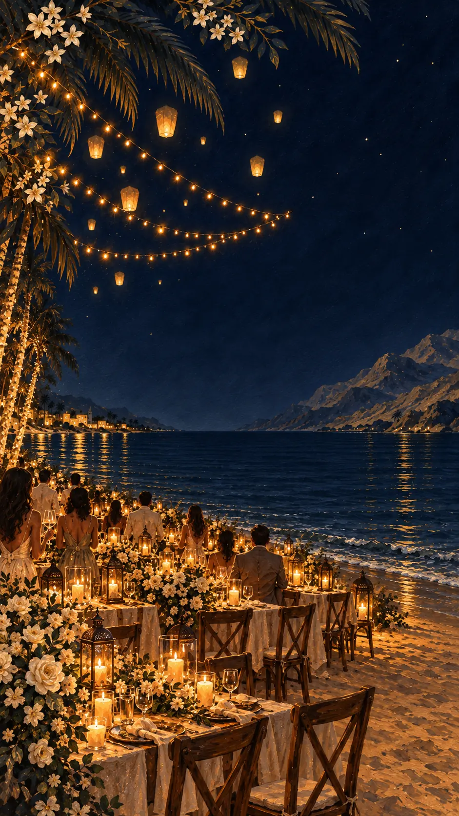 The same coastline at full night, more lanterns, the lit canopy over the shore